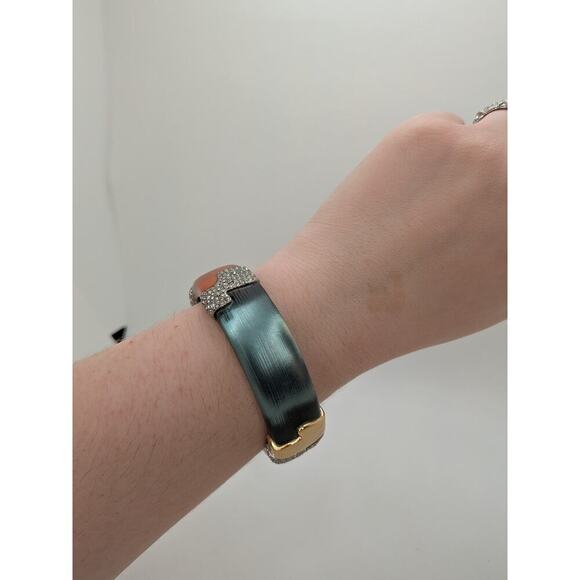 Alexis Bittar Blue and Orange Lucite Hinged Bracelet Goldtone and Crystals 7.5” - Picture 5 of 7